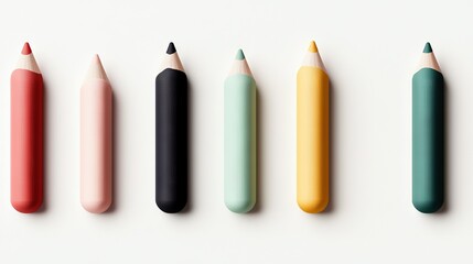   Five differently-colored pencils arranged in a single line on a white background; black, pink, green, and blue
