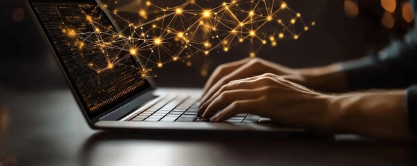 Business person using a laptop with hands typing, digital icons for data security and document management floating above, cuttingedge generative AI interface