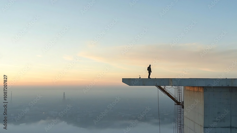 Poster silhouetted figure of an engineer working on an offshore oil rig platform during the golden hour wit