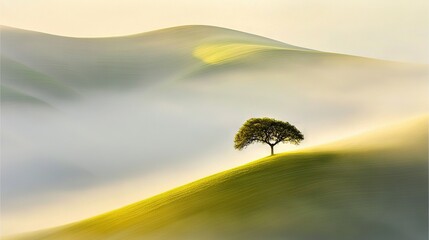   Lone tree on top of green hill in foggy hills