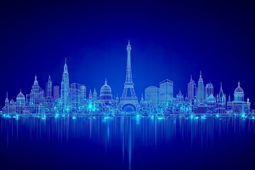 Fototapeta premium Minimalistic line icons of buildings and landmarks, clean design for travel and tourism themes