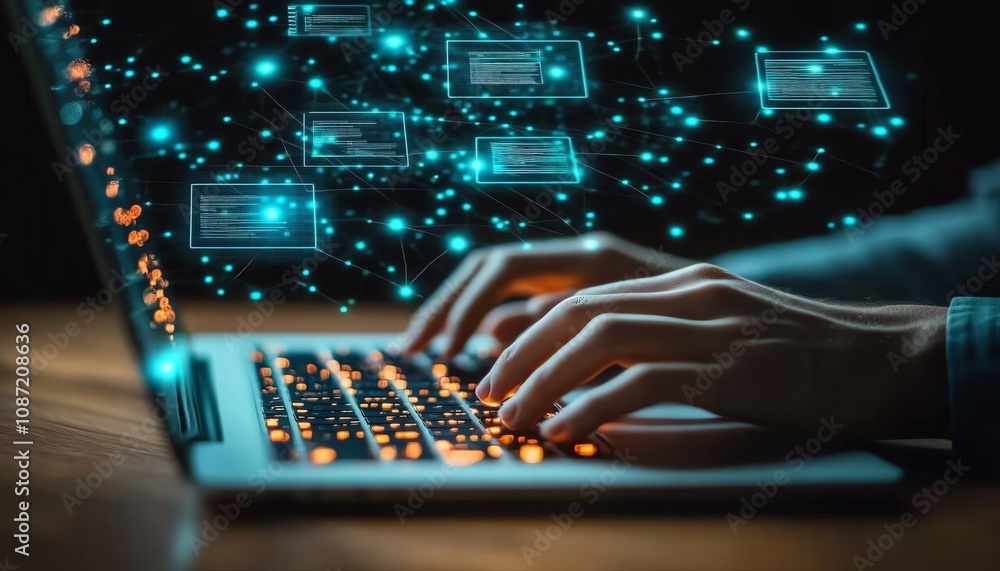 Poster closeup of business person typing on a laptop, digital icons for online document management and secu