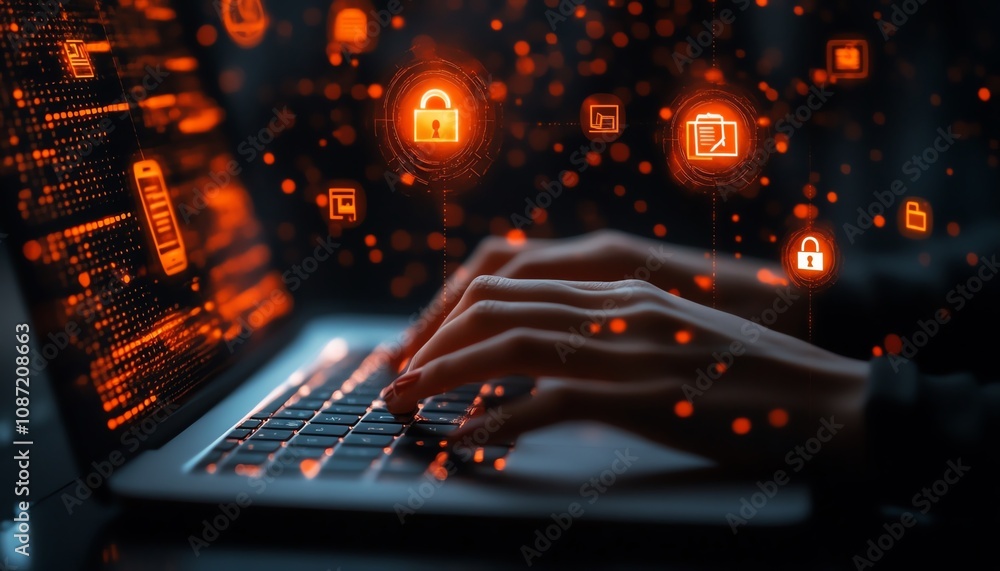 Leinwandbilder closeup of business person typing on a laptop, digital icons for online document management and secu
