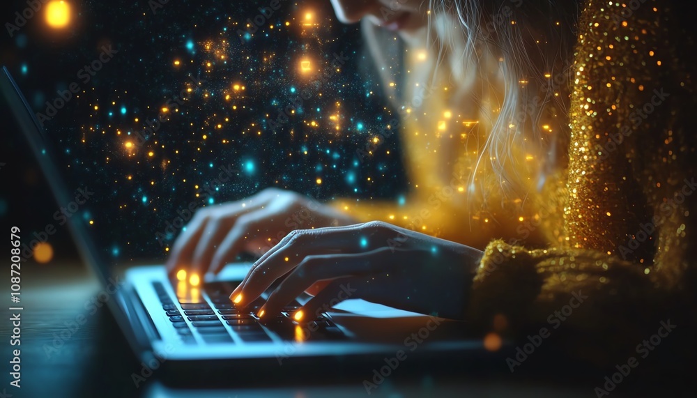 Poster closeup of business person typing on a laptop, digital icons for online document management and secu