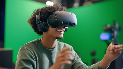 A man wearing a VR headset smiles while playing a game in front of a green screen