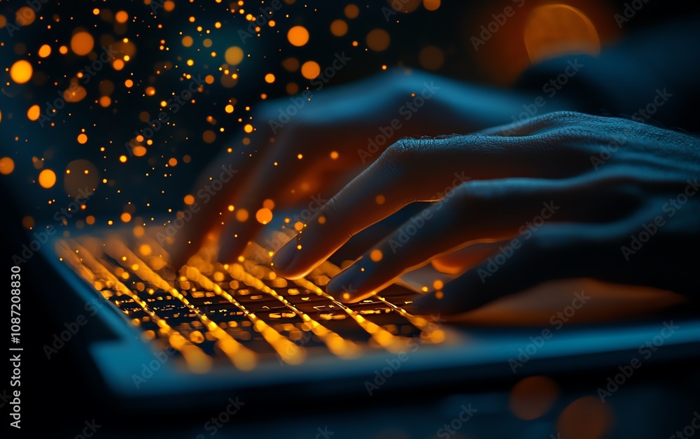 Poster Closeup of hands typing on a laptop, digital icons floating above, representing online document management and data protection, generative AI technology