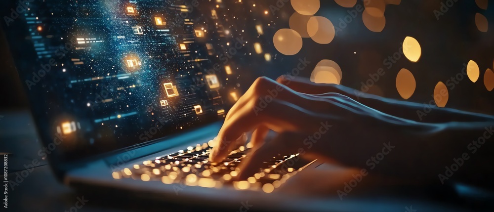 Poster Closeup of hands on a laptop, digital icons for data protection and document management floating above, modern business technology, generative AIdriven interface