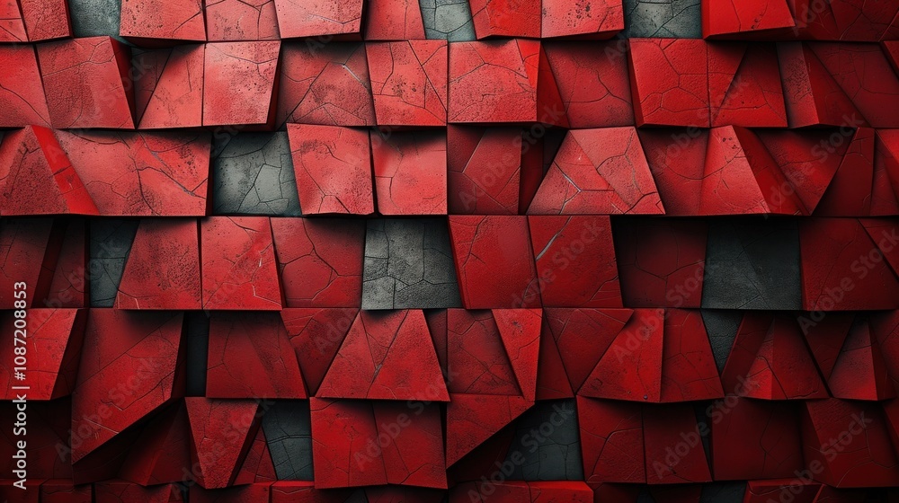 Poster textured red geometric wall design featuring triangular shapes and a cracked surface during daylight
