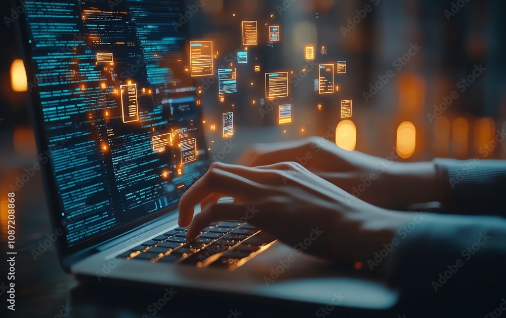 Poster Closeup of hands typing on a laptop, digital icons floating above, representing online document management and data protection, generative AI technology