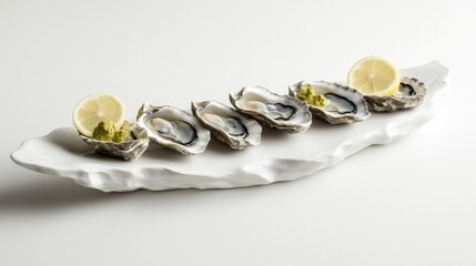 Minimalist seafood platter with oysters and lemon, stark clean background, [appetizers], [sophisticated seafood]