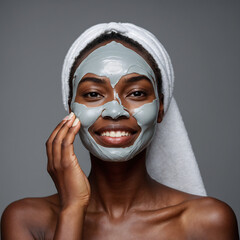 Smiling woman using skincare products. Female taking face cream to apply on facial skin. Happy, skincare and female person from Africa with moisturizer, nourishment, hydration, and glow
