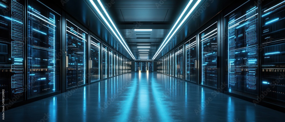 Poster a futuristic data center with illuminated server racks and a sleek, modern design.