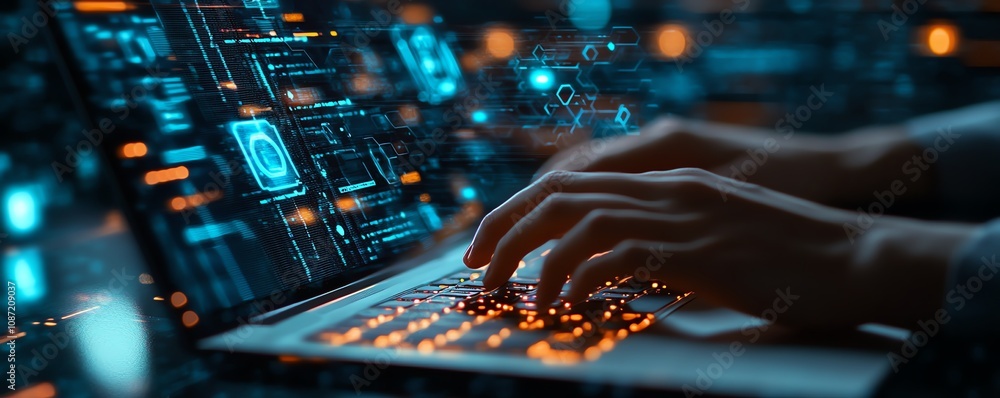 Leinwandbilder Closeup of hands typing on a laptop, digital icons floating above, representing online document management and data protection, generative AI technology