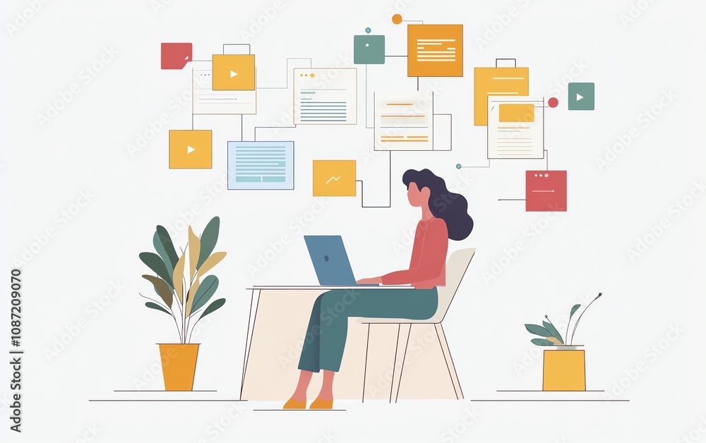 Aufkleber creative person using a laptop to organize digital documents, icons for text, images, and data point
