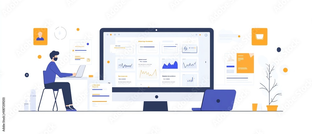 Poster Digital document management interface on a laptop, user interacting with icons for text, images, and data points, clean and modern generative AI layout