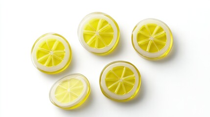   A cluster of lemons resting on a white table alongside a sliced lemon atop a glass