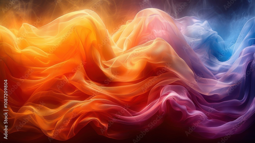 Poster colorful flowing fabric creates a vibrant abstract display resembling waves of color in a dramatic l