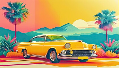 Vintage Car in Colorful Landscape,Usage: Poster design, travel brochure, vintage car advertisement, social media post, phone wallpaper