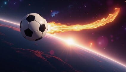 Naklejka premium A surreal interstellar soccer game unfolds in vibrant celestial scenery with cosmic motion and astounding visuals