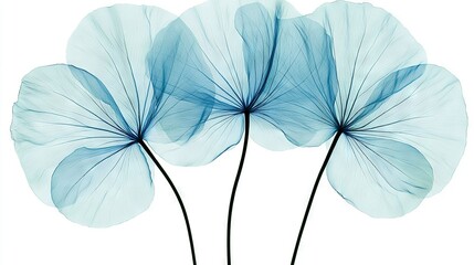   Three blue flowers sit atop a white table, near a vase with blossoms