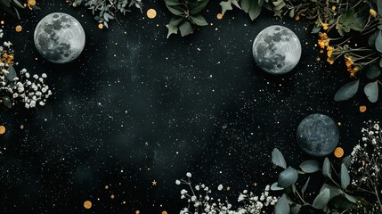   A black background with a full moon, plants, and flowers surrounding it, providing space for text or an image insertion