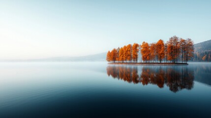 Fototapeta premium Serene autumn lake at dawn, fog hovering over water, vibrant trees reflecting in tranquil surface, soft light enhances peaceful ambiance