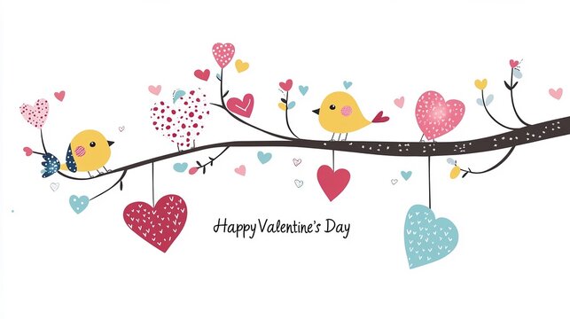 Immagine vettoriale di cuoricini gialli e rosa e di uccellini sopra un ramo d'albero e del testo "Happy Valentine's Day". Isolato su uno sfondo bianco. 