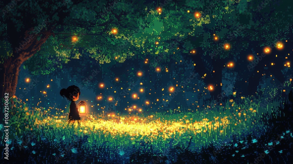 Poster a pixel art anime-style forest with glowing fireflies and a character exploring with a lantern.