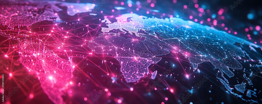 Aufkleber Dynamic global business network design, featuring people and digital icons interconnected across continents, vibrant generative AI aesthetics, highresolution, modern visual appeal