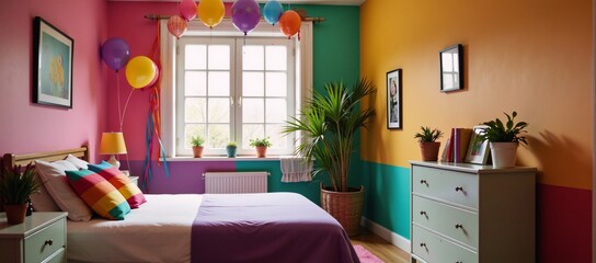 A cozy bedroom showcases rainbow-colored decorations celebrating LGBTQ pride on the walls bed and windows