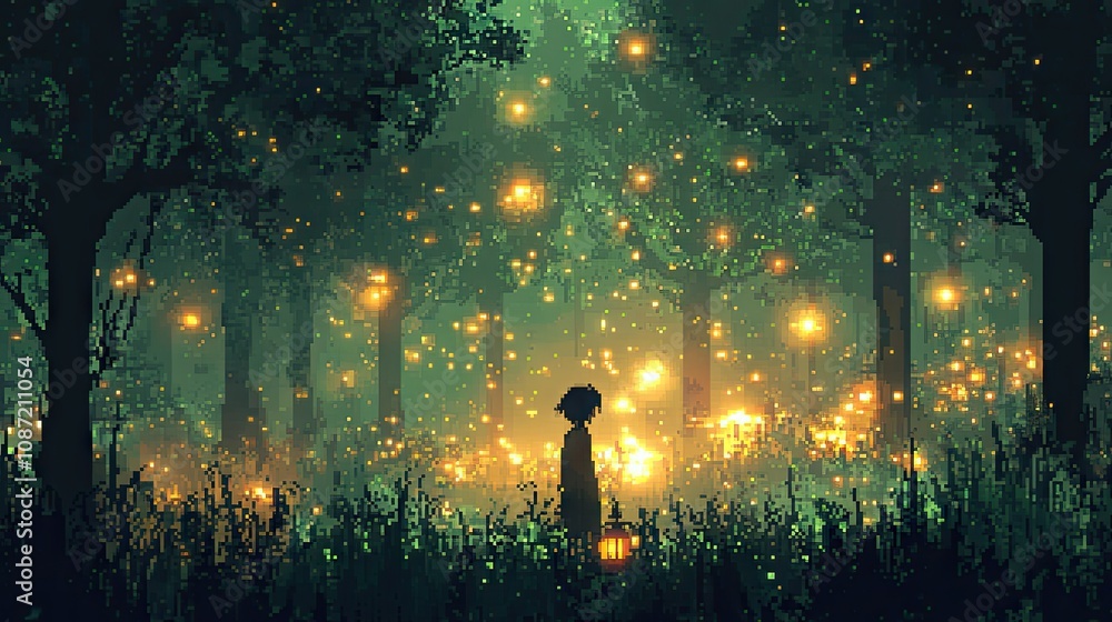 Poster a pixel art anime-style forest with glowing fireflies and a character exploring with a lantern.