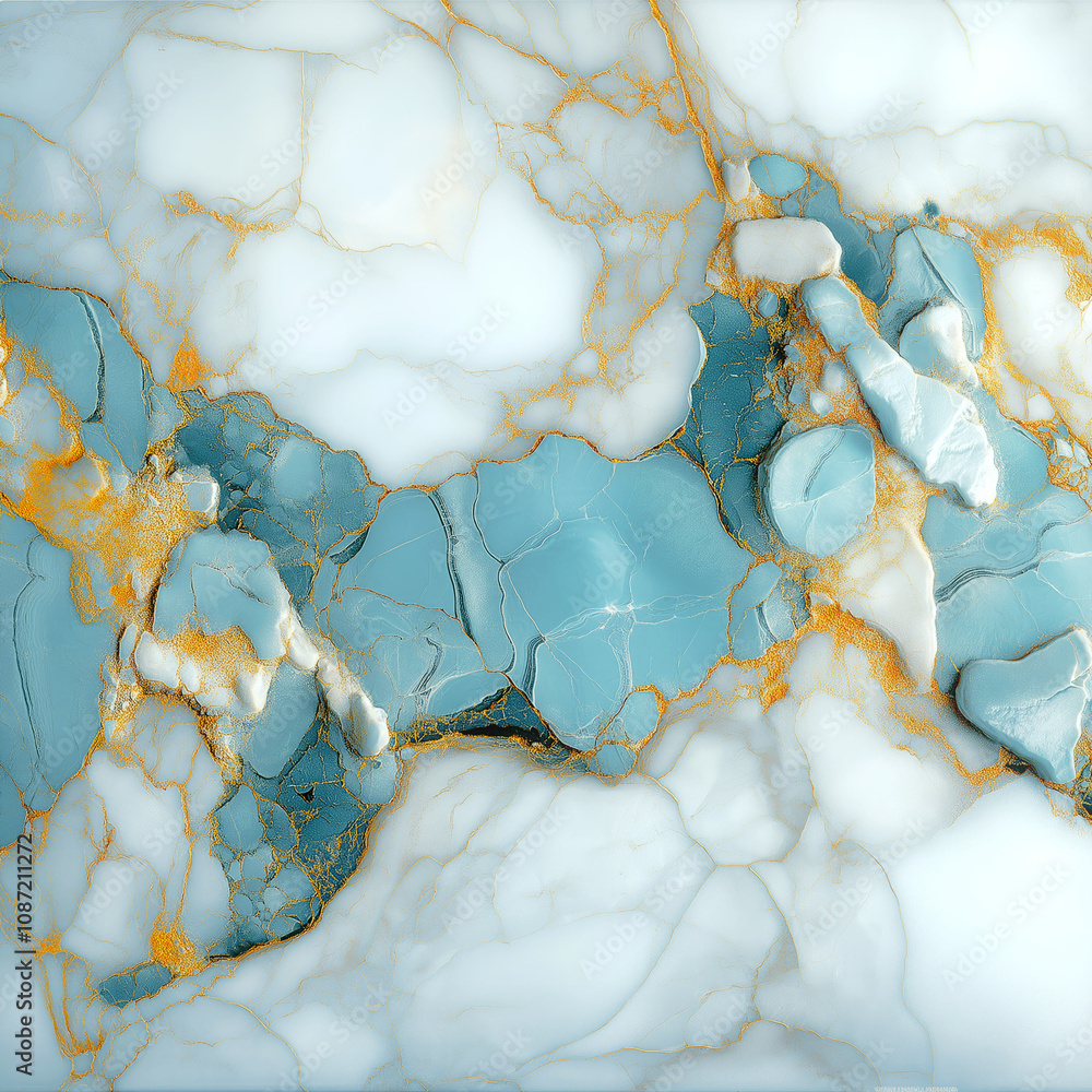 Leinwandbilder A luxurious marble surface in white and turquoise with gold flecks. Smooth lines and soft gradients create a sense of depth and subtle sophistication