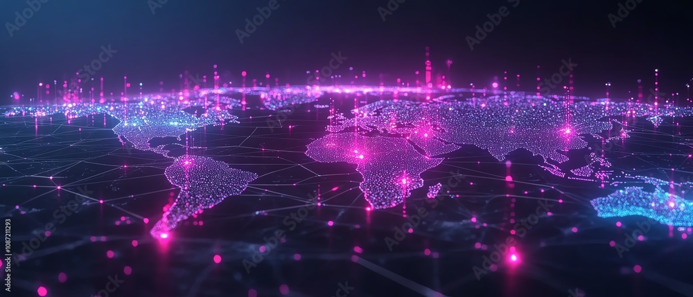 Poster futuristic global business network, interconnected people and generative ai icons on world map, neon