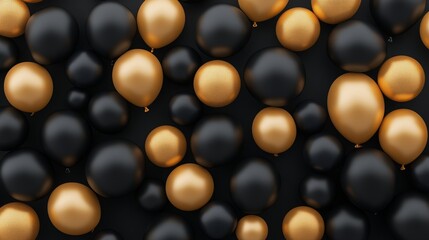 Elegant black and gold balloons shimmering in a festive atmosphere, low angle view highlighting their glossy surface and celebratory vibe