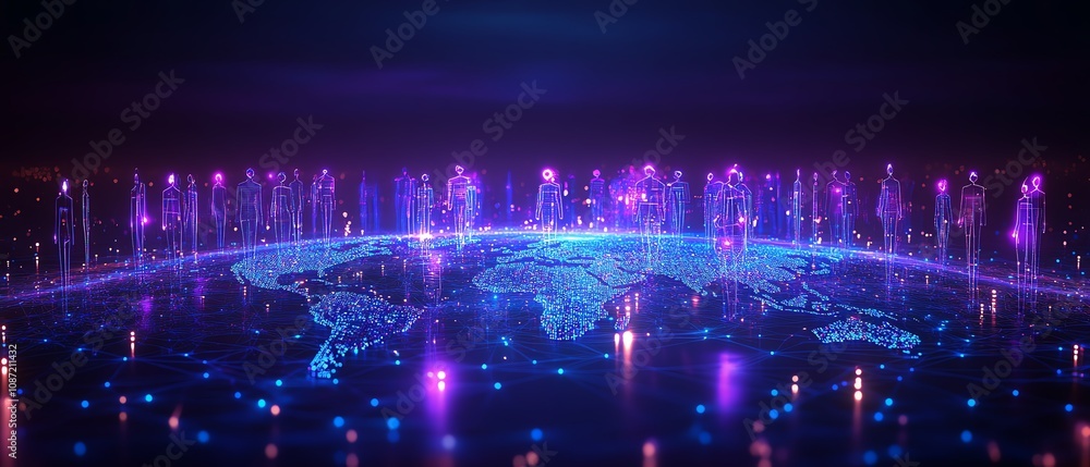 Poster futuristic global business network, interconnected people and generative ai icons on world map, neon