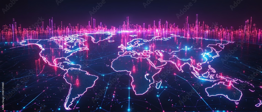 Poster futuristic global business network, interconnected people and generative ai icons on world map, neon