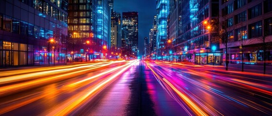 Fototapeta premium A vibrant city street at night, illuminated by colorful lights and dynamic traffic.
