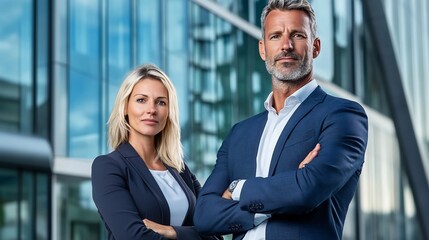 Confident Business Professionals Partnering for Organizational Success Outside Urban Office