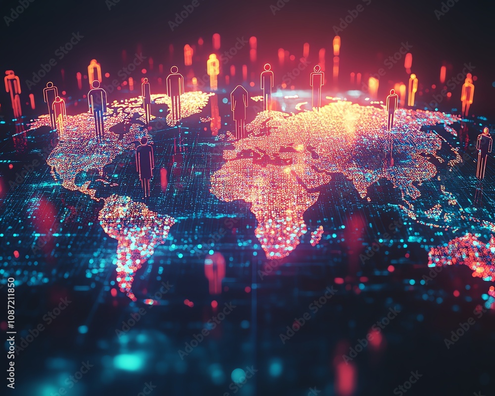 Aufkleber global digital network with interconnected people and ai icons, generative ai visual style, immersiv