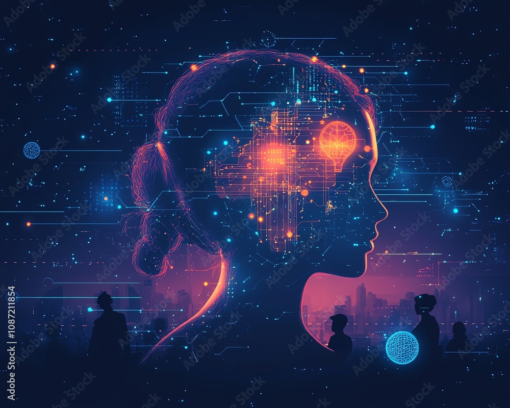 Poster global digital network with interconnected people and ai icons, generative ai visual style, immersiv