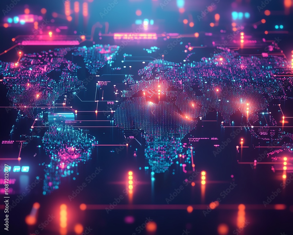 Aufkleber global digital network with interconnected people and ai icons, generative ai visual style, immersiv