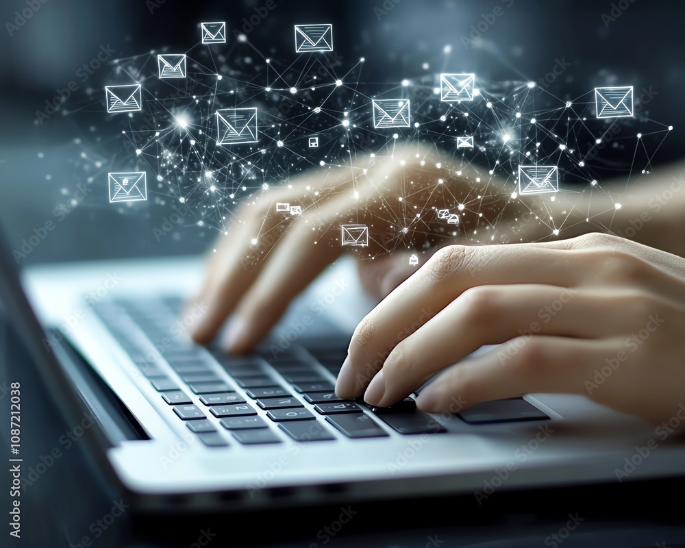 Poster Hands typing on a laptop, floating digital icons representing online document management and data protection, modern generative AI business technology