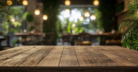 Empty wooden table top with warm natural textures, set against a blurred background of an outdoor restaurant or garden with hanging lantern lights. Perfect for product display or mockups, Generative A