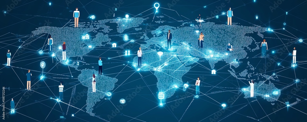 Poster hightech global network representation, people connected by digital pathways, futuristic aiinspired 