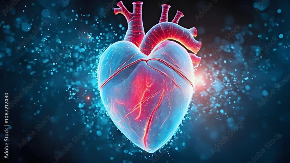 Poster a vigorously energetic heart dissolving into glowing particles: an abstract representation of love a