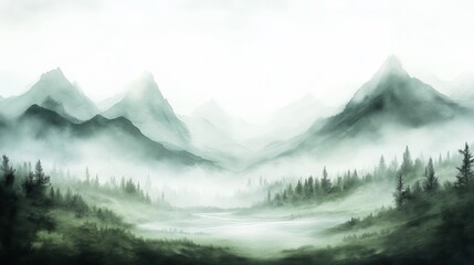 Fototapeta premium A mystical mountain pass with streams forming from soft rain, depicted in soft, brushy watercolor strokes and gentle colors