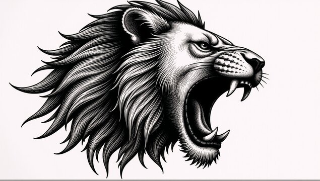 A black-and-white scratchboard style sketch of a fierce lion head mid-roar as a growing tattoo design