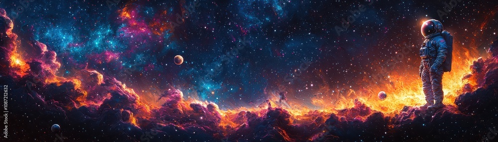 Poster cosmic astronaut portrait in prismatic space clouds celestial environment beautiful view of the univ