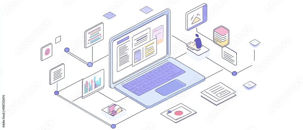 Aufkleber Laptop interface for managing digital documents, with icons of text, images, and data points, user interacting with the interface, generative AI design