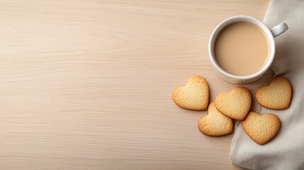 A cozy scene featuring a cup of coffee beside heart-shaped cookies, set on a wooden surface with a light fabric.